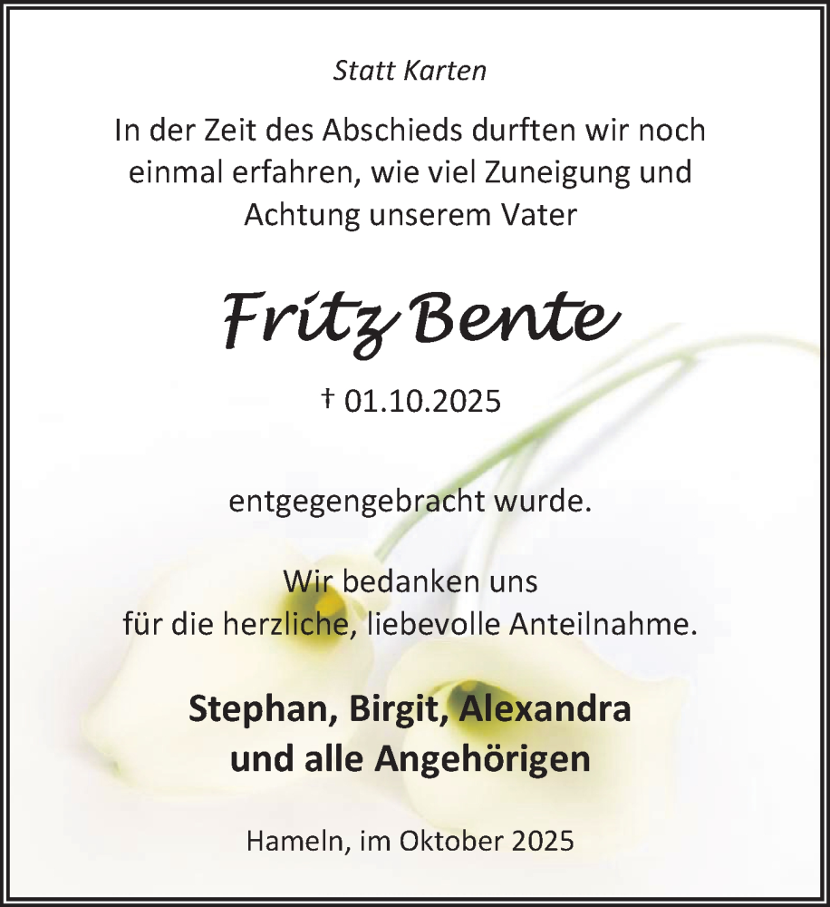  Traueranzeige für Fritz Bente vom 29.10.2025 aus Deister- und Weserzeitung