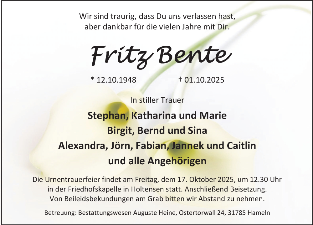  Traueranzeige für Fritz Bente vom 10.10.2025 aus Deister- und Weserzeitung