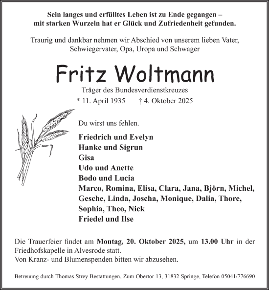 Traueranzeige von Fritz Woltmann von Neue Deister-Zeitung