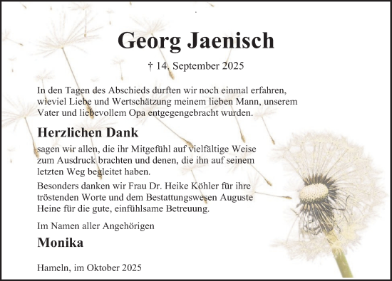Traueranzeige von Georg Jaenisch von Deister- und Weserzeitung