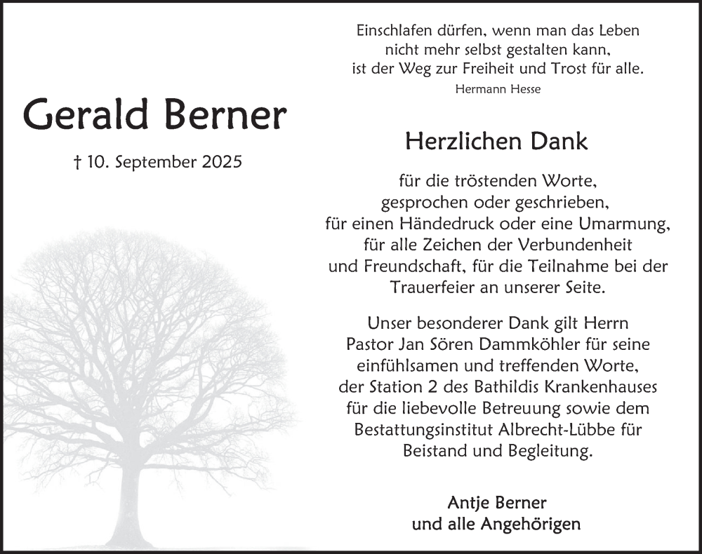  Traueranzeige für Gerald Berner vom 09.10.2025 aus Deister- und Weserzeitung