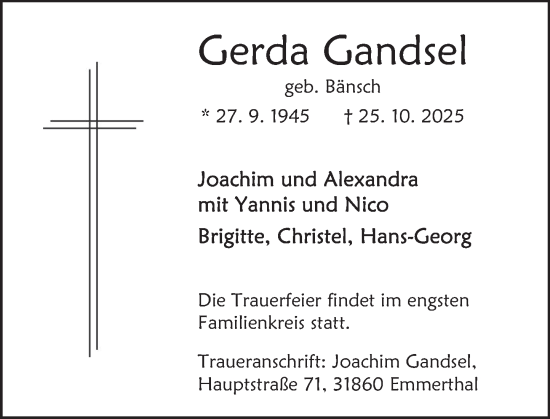 Traueranzeige von Gerda Gandsel von Deister- und Weserzeitung