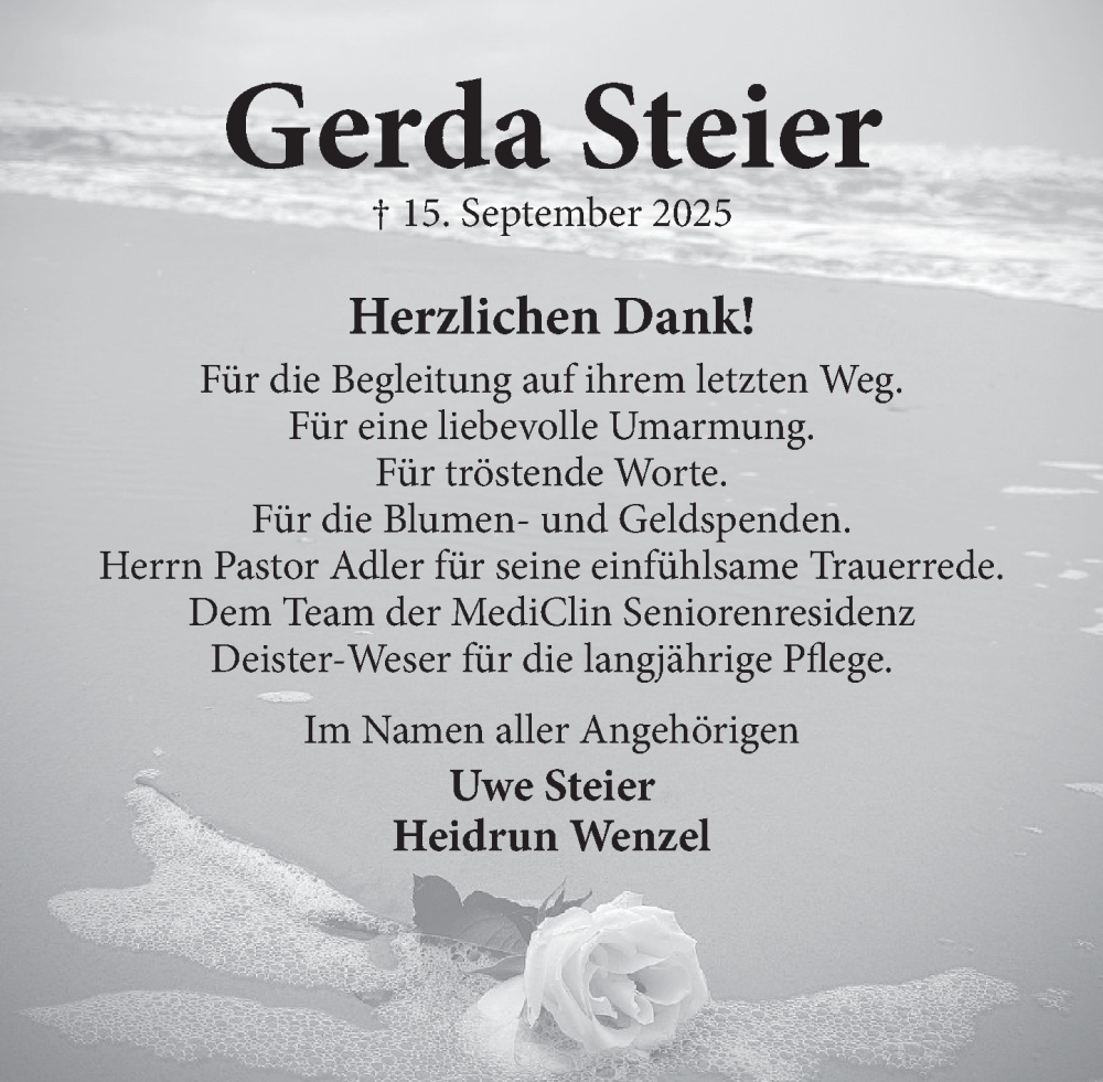  Traueranzeige für Gerda Steier vom 11.10.2025 aus Neue Deister-Zeitung