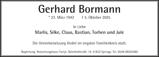 Traueranzeige von Gerhard Bormann von Neue Deister-Zeitung