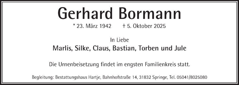  Traueranzeige für Gerhard Bormann vom 11.10.2025 aus Neue Deister-Zeitung