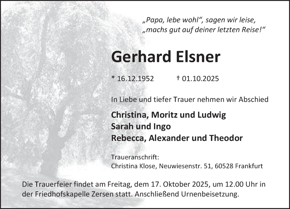  Traueranzeige für Gerhard Elsner vom 11.10.2025 aus Deister- und Weserzeitung