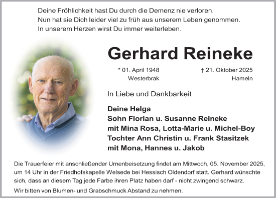 Traueranzeige von Gerhard Reineke von Deister- und Weserzeitung