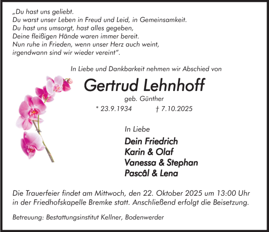 Traueranzeige von Gertrud Lehnhoff von Deister- und Weserzeitung