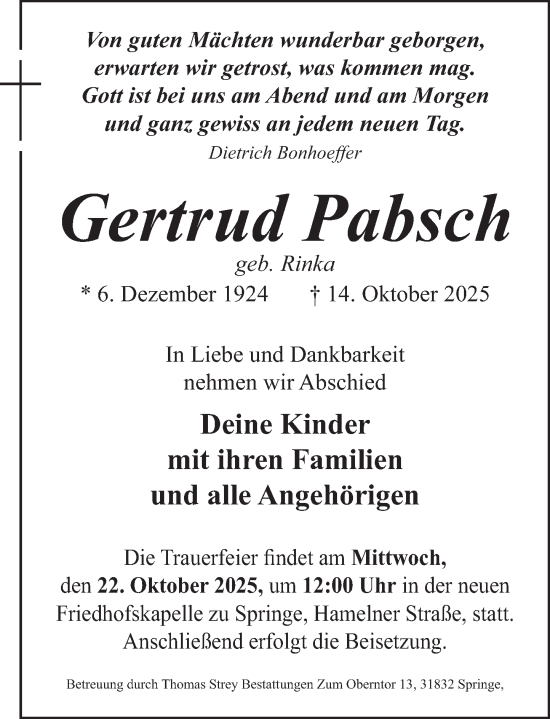Traueranzeige von Gertrud Pabsch von Neue Deister-Zeitung
