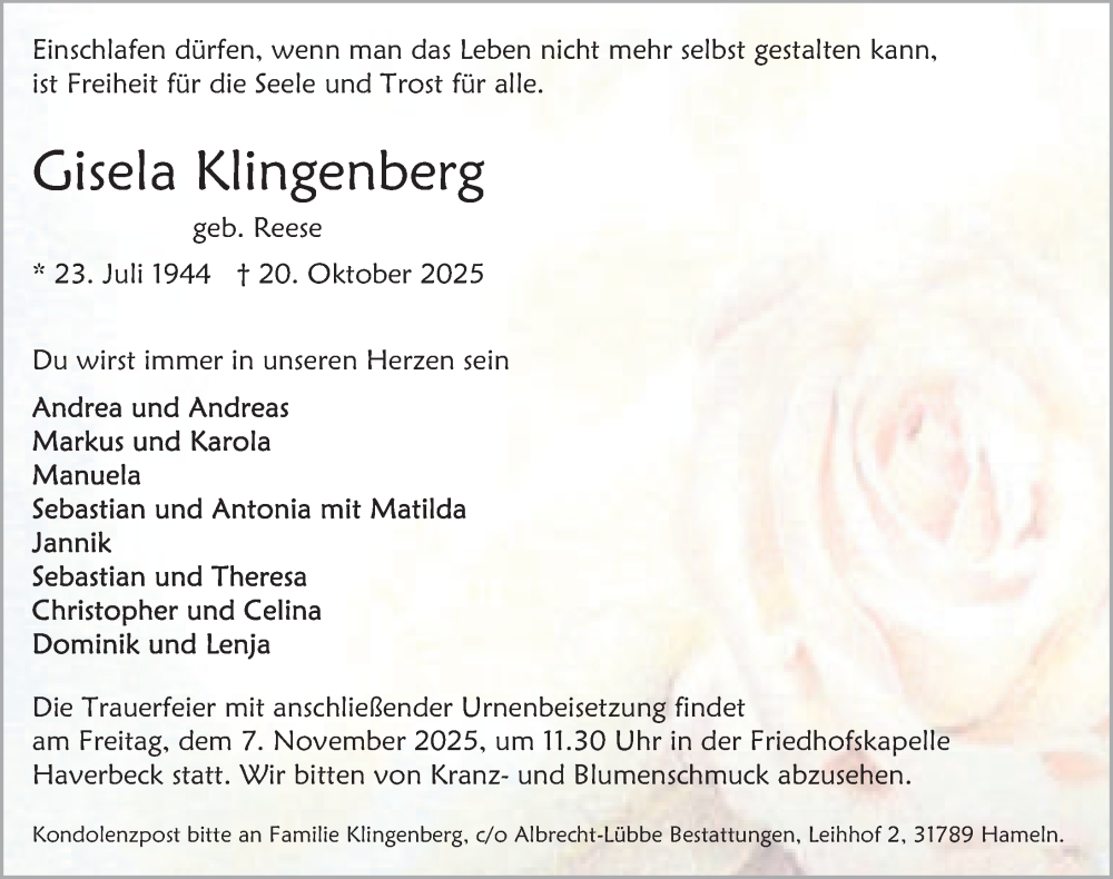  Traueranzeige für Gisela Klingenberg vom 01.11.2025 aus Deister- und Weserzeitung