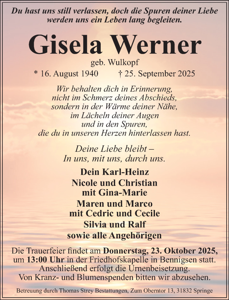 Traueranzeige für Gisela Werner vom 18.10.2025 aus Neue Deister-Zeitung
