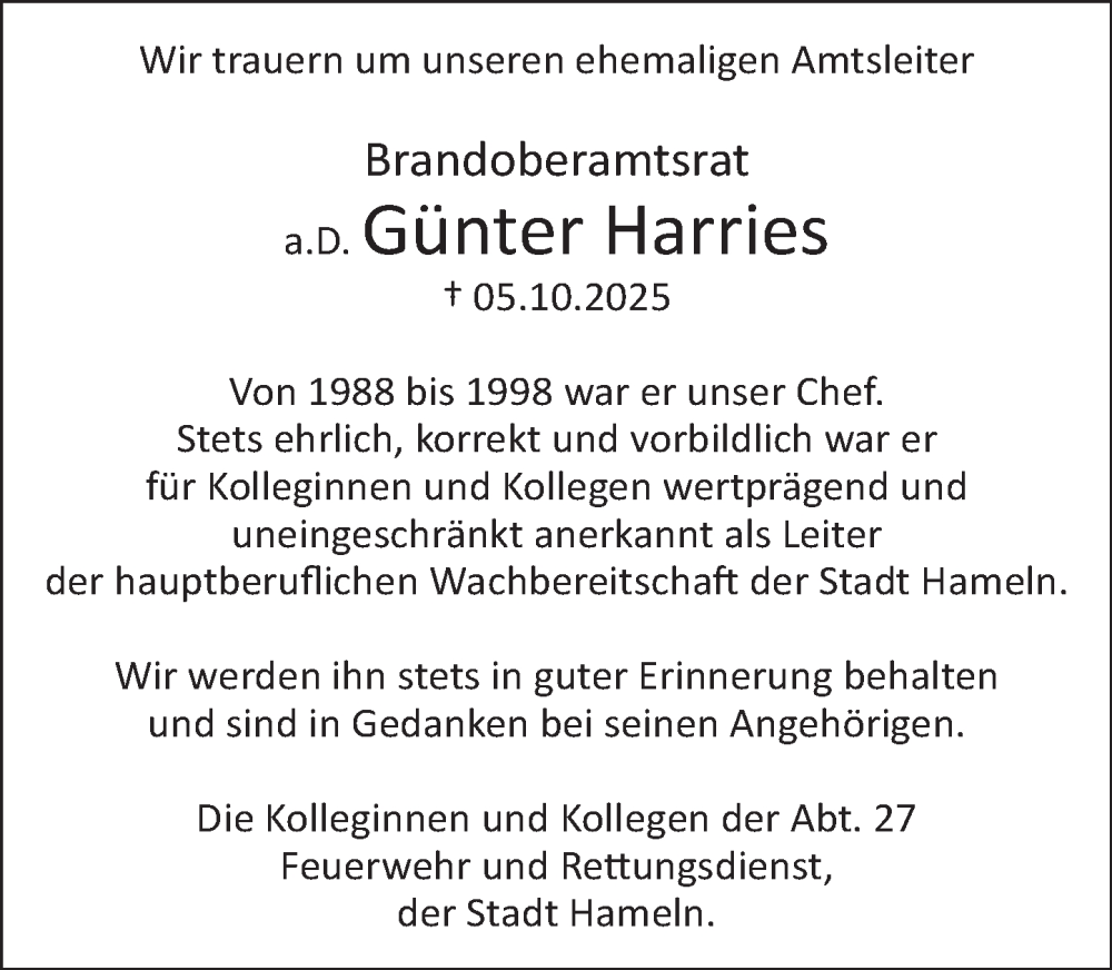 Traueranzeige für Günter Harries vom 11.10.2025 aus Deister- und Weserzeitung