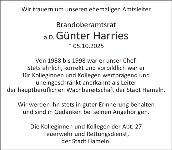 Traueranzeige von Günter Harries von Deister- und Weserzeitung