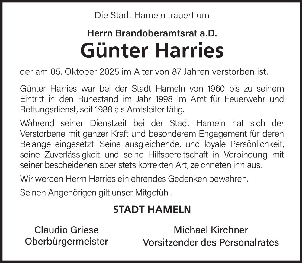  Traueranzeige für Günter Harries vom 11.10.2025 aus Deister- und Weserzeitung