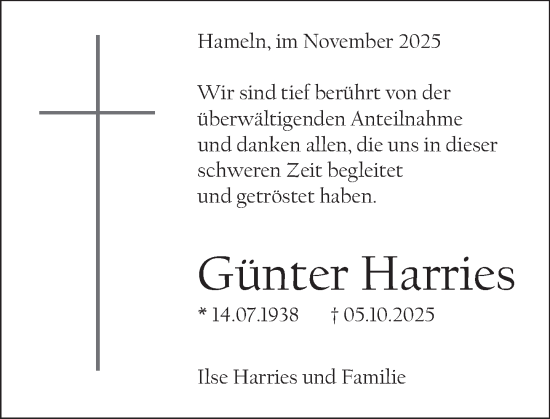 Traueranzeige von Günter Harries von Deister- und Weserzeitung