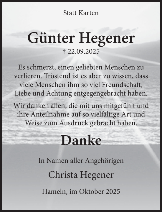 Traueranzeige von Günter Hegener von Deister- und Weserzeitung