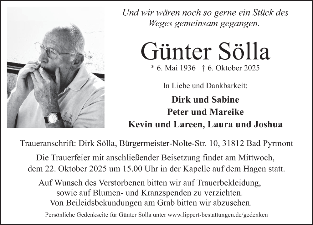  Traueranzeige für Günter Sölla vom 15.10.2025 aus Deister- und Weserzeitung