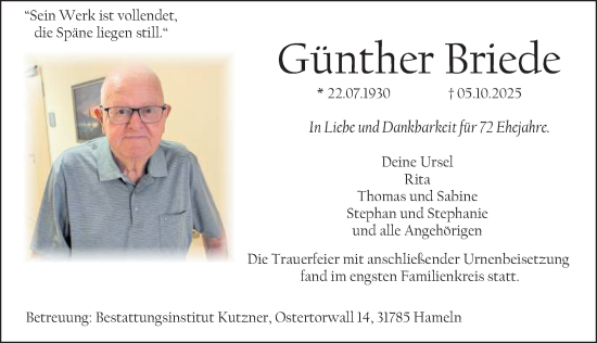 Traueranzeige von Günther Briede von Deister- und Weserzeitung