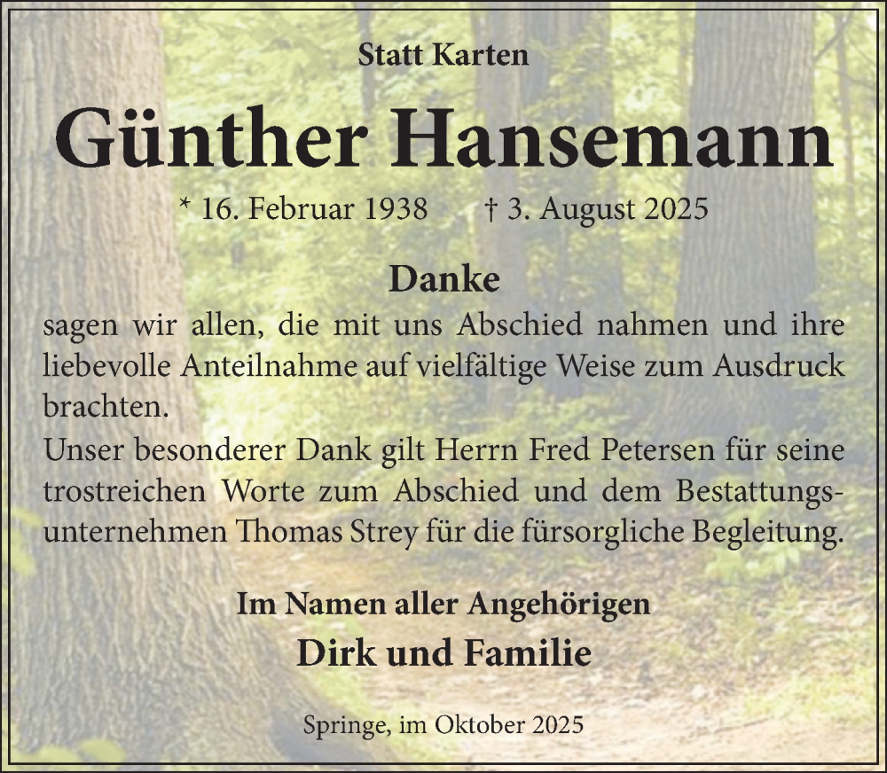  Traueranzeige für Günther Hansemann vom 11.10.2025 aus Neue Deister-Zeitung
