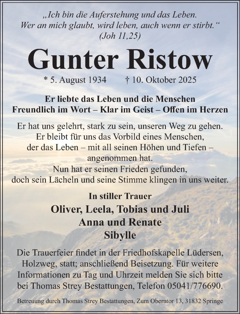  Traueranzeige für Gunter Ristow vom 25.10.2025 aus Neue Deister-Zeitung