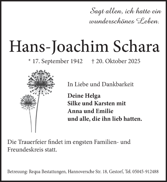 Traueranzeige von Hans-Joachim Schara von Neue Deister-Zeitung