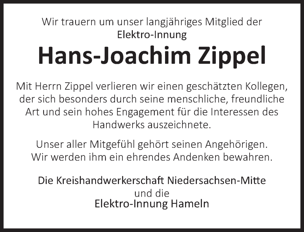  Traueranzeige für Hans-Joachim Zippel vom 18.10.2025 aus Deister- und Weserzeitung