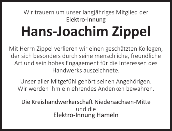 Traueranzeige von Hans-Joachim Zippel von Deister- und Weserzeitung