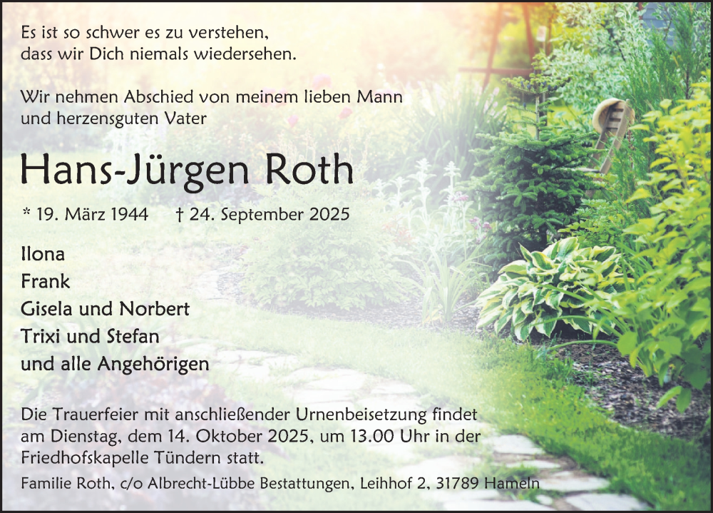  Traueranzeige für Hans-Jürgen Roth vom 04.10.2025 aus Deister- und Weserzeitung