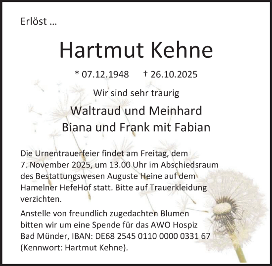 Traueranzeige von Hartmut Kehne von Deister- und Weserzeitung
