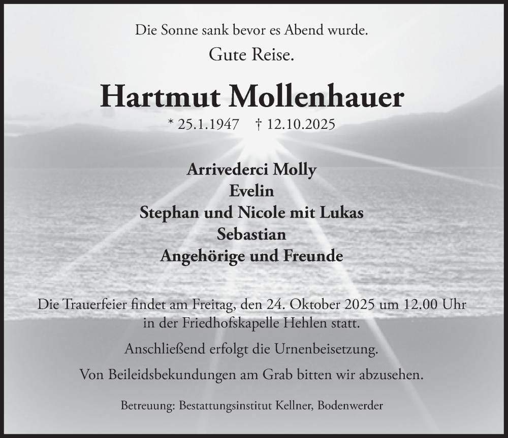  Traueranzeige für Hartmut Mollenhauer vom 18.10.2025 aus Deister- und Weserzeitung