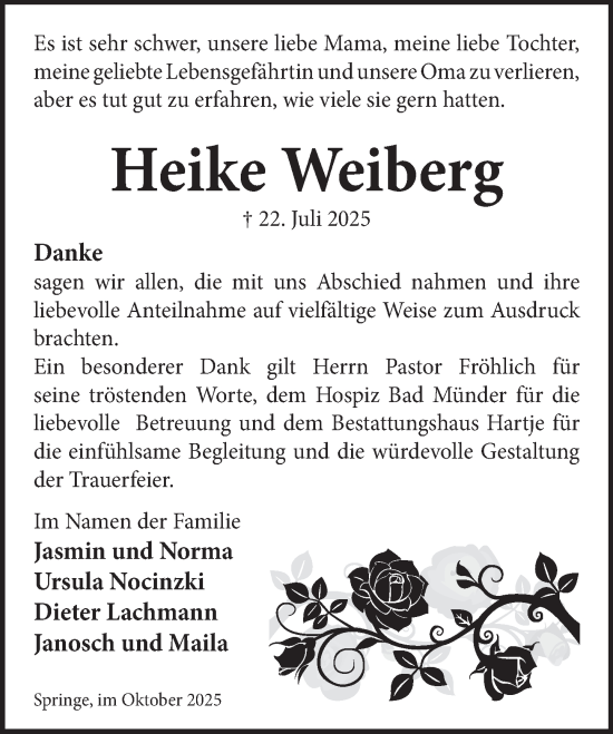 Traueranzeige von Heike Weiberg von Neue Deister-Zeitung