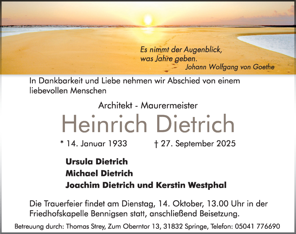  Traueranzeige für Heinrich Dietrich vom 11.10.2025 aus Neue Deister-Zeitung
