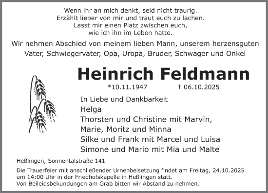 Traueranzeige von Heinrich Feldmann von Deister- und Weserzeitung