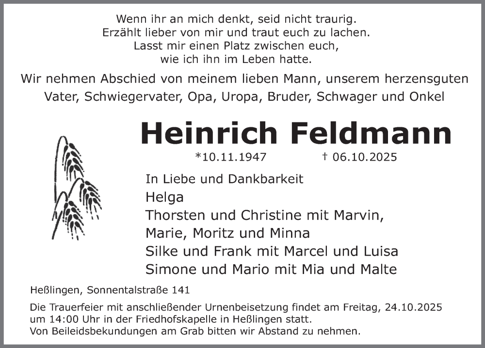  Traueranzeige für Heinrich Feldmann vom 18.10.2025 aus Deister- und Weserzeitung