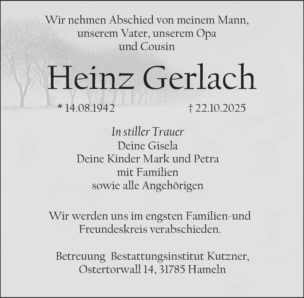  Traueranzeige für Heinz Gerlach vom 01.11.2025 aus Deister- und Weserzeitung