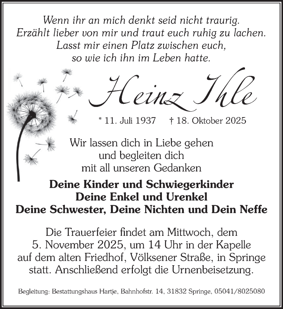  Traueranzeige für Heinz Ihle vom 25.10.2025 aus Neue Deister-Zeitung