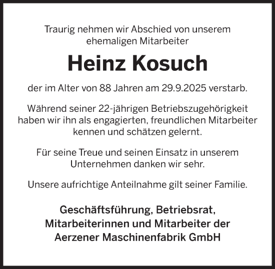 Traueranzeige von Heinz Kosuch von Deister- und Weserzeitung