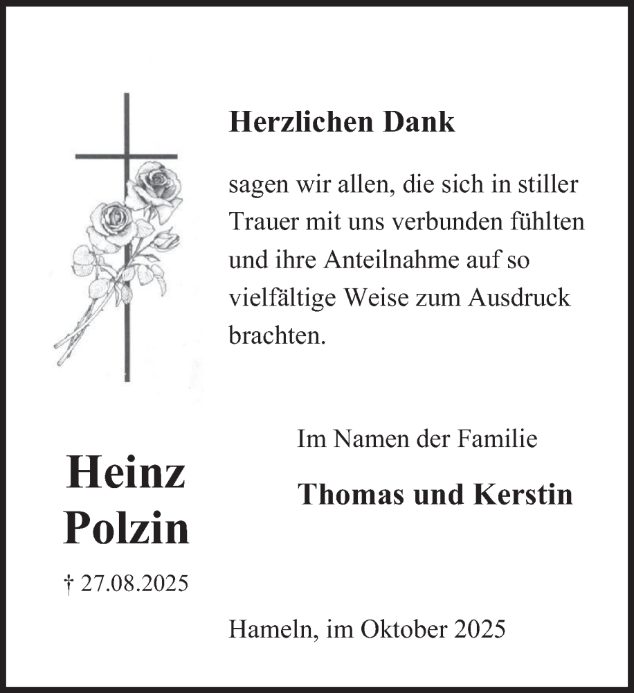  Traueranzeige für Heinz Polzin vom 04.10.2025 aus Deister- und Weserzeitung