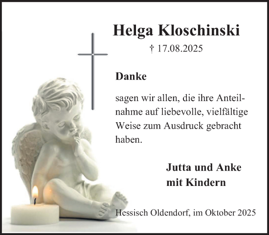 Traueranzeige von Helga Kloschinski von Deister- und Weserzeitung