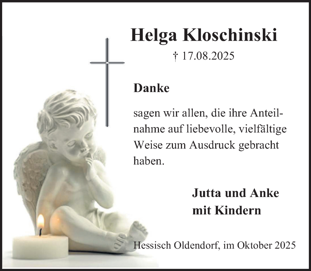  Traueranzeige für Helga Kloschinski vom 04.10.2025 aus Deister- und Weserzeitung