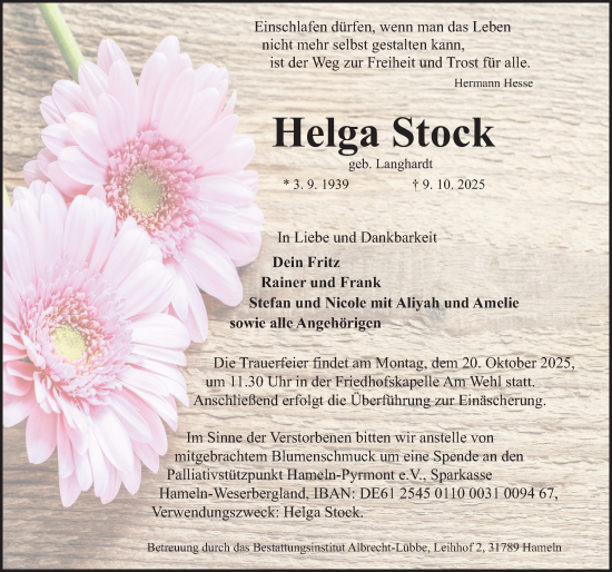 Traueranzeige von Helga Stock von Deister- und Weserzeitung