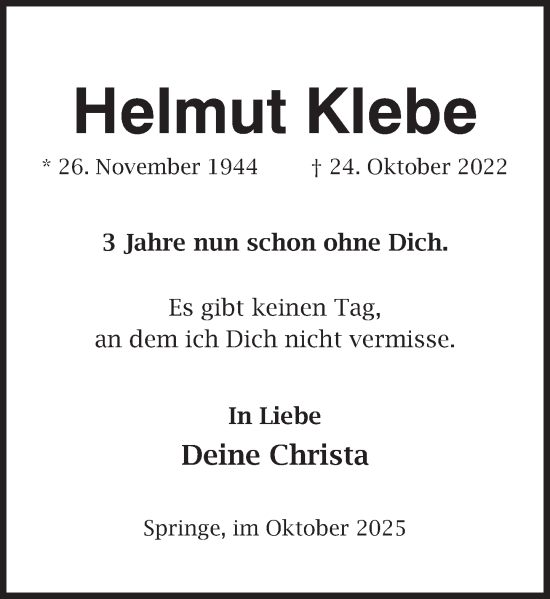 Traueranzeige von Helmut Klebe von Neue Deister-Zeitung