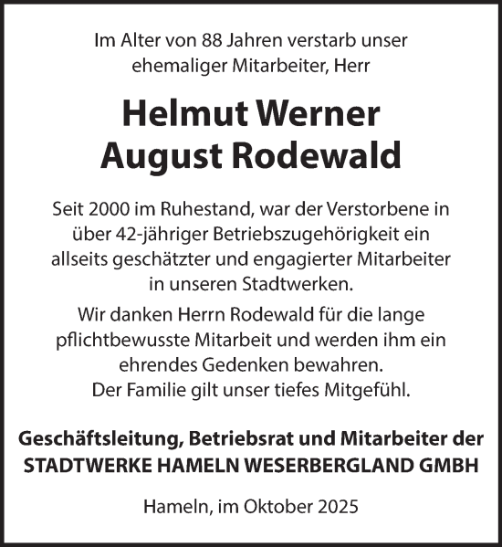 Traueranzeige von Helmut Werner August Rodewald von Deister- und Weserzeitung