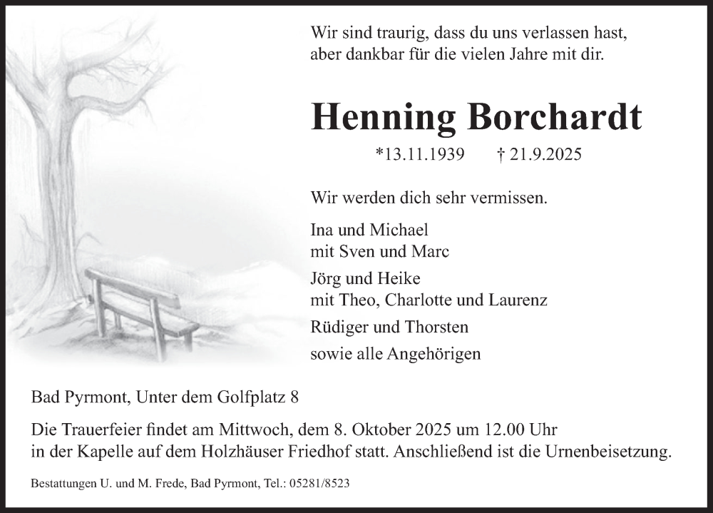  Traueranzeige für Henning Borchardt vom 04.10.2025 aus Deister- und Weserzeitung