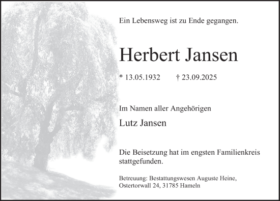 Traueranzeige von Herbert Jansen von Deister- und Weserzeitung