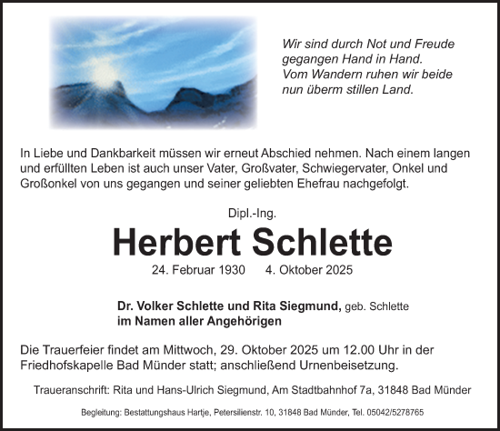 Traueranzeige von Herbert Schlette von Neue Deister-Zeitung