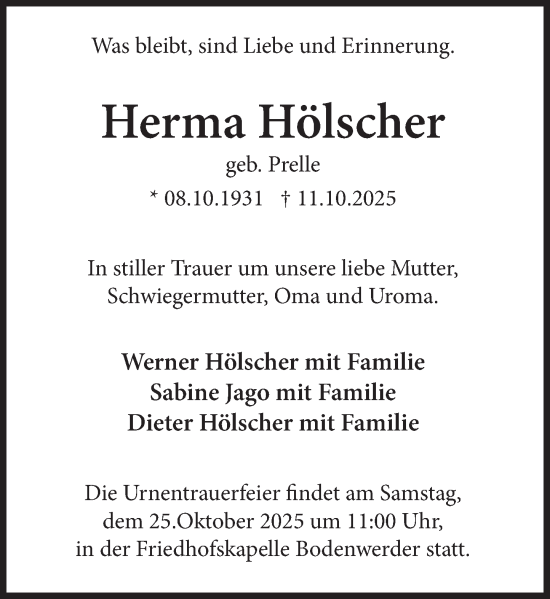 Traueranzeige von Herma Hölscher von Deister- und Weserzeitung