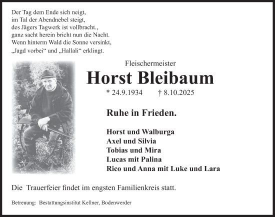 Traueranzeige von Horst Bleibaum von Deister- und Weserzeitung