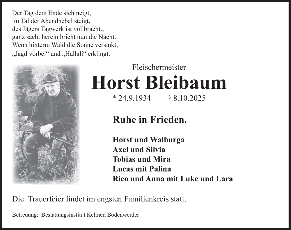  Traueranzeige für Horst Bleibaum vom 18.10.2025 aus Deister- und Weserzeitung