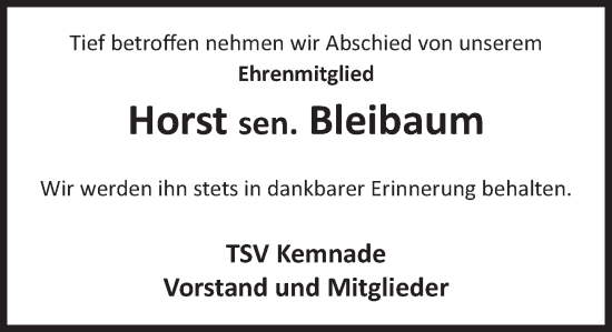 Traueranzeige von Horst Bleibaum von Deister- und Weserzeitung